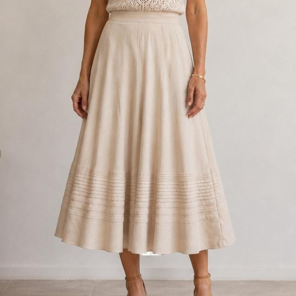 Vintage Y2K Silk Linen Pleated Pintuck Maxi Skirt Size 12 Tan Coastal Boho Indie